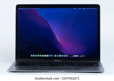 New York, USA - September 3, 2022: Open Macbook Air Laptop With M1 Chip Front View On White Studio Table