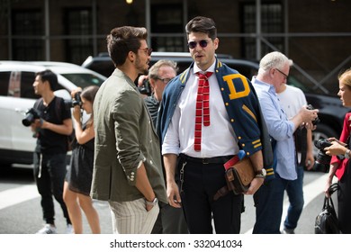 New York. USA - September 8, 2014: Street Style Fashion Photo. Young Stylish Guys On A Street. Street Style Urban Residents During New York Fashion Week.