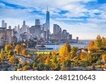 New York, New York, USA view of the financial district skyline in Lower Manhattan in autumn.