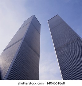 NEW YORK, USA-NOVEMBER 25 1998:The World Trade Center Twin Towers in 1998 seen from the entrance and looking up seen in frog perspective, NYC, USA