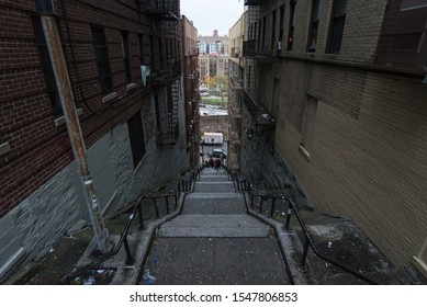 NEW YORK, USA,-NOVEMBER 31,2019: The tourist attraction staircase in Bronx, with a lot of tourists taking photos
