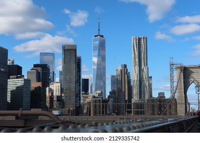 New York Wall Street City View From Brooklyn Bridge.
