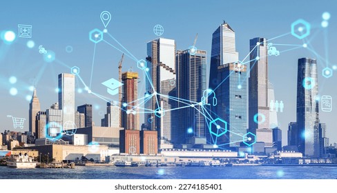 New York west side, internet of things (IOT) and smart city icons hologram, global network and connection in New York. Concept of modern technology, AI and business process