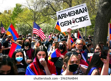 NEW YORK, NEW YORK-APRIL 24, 2021: People attend a rally in Washington Square Park in Manhattan after President Biden formally recognized the genocide that took place in Armenia in 1915.