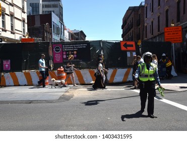 NEW YORK, NEW YORK-MAY 2019: L Train Construction Is Underway And Visible On The Corner Of Bedford St. And North 7th St. In Williamsburg, Brooklyn. 