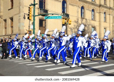 NEW YORK, NEW YORKUSA - NOVEMBER 25, 2021: The Hampton University Marching Force Performs “A Celebration Of Family” During The 95th Macy's Thanksgiving Day Parade In New York. (Photo: Gordon Donovan)