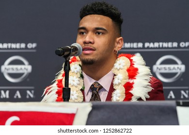 NEW YORK-DEC 8: (L-R) Alabama Crimson Tide Quarterback Tua Tagovailoa During A Press Conference Before The Heisman Trophy Ceremony On December 8, 2018 At The Marriott Marquis In New York City.