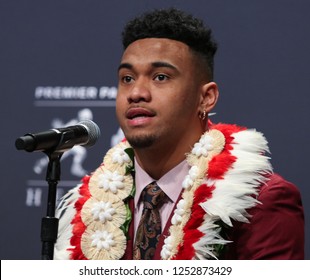 NEW YORK-DEC 8: (L-R) Alabama Crimson Tide Quarterback Tua Tagovailoa During A Press Conference Before The Heisman Trophy Ceremony On December 8, 2018 At The Marriott Marquis In New York City.