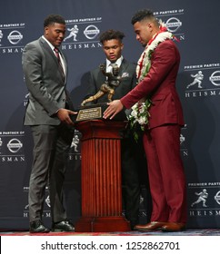 NEW YORK-DEC 8: (L-R) Ohio State Buckeyes Quarterback Dwayne Haskins, Oklahoma Sooners Quarterback Kyler Murray And Alabama Crimson Tide Quarterback Tua Tagovailoa With The Heisman Trophy In New York.