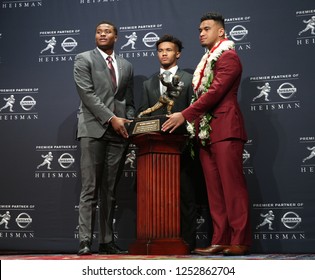 NEW YORK-DEC 8: (L-R) Ohio State Buckeyes Quarterback Dwayne Haskins, Oklahoma Sooners Quarterback Kyler Murray And Alabama Crimson Tide Quarterback Tua Tagovailoa With The Heisman Trophy In New York.