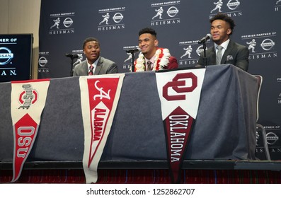 NEW YORK-DEC 8: (L-R) Ohio State Buckeyes Quarterback Dwayne Haskins, Alabama Crimson Tide Quarterback Tua Tagovailoa And Oklahoma Sooners Quarterback Kyler Murray At A Press Conference In New York.