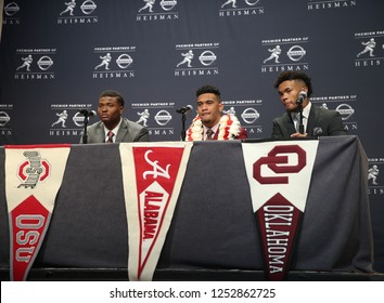 NEW YORK-DEC 8: (L-R) Ohio State Buckeyes Quarterback Dwayne Haskins, Alabama Crimson Tide Quarterback Tua Tagovailoa And Oklahoma Sooners Quarterback Kyler Murray At A Press Conference In New York.