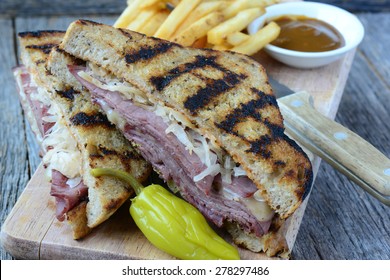 New Yorker Sandwich  On Rustic Wood Background