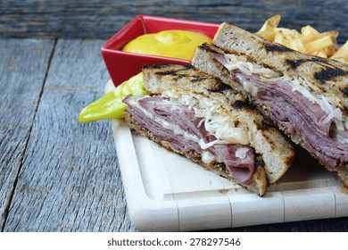 New Yorker Sandwich  On Rustic Wood Background