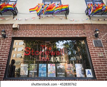 NEW YORK-JULY 12 2016: The Stonewall Inn, Site Of The 1969 Riots On Christopher St. President Obama Designated The Area Around The Iconic Bar As The Country's First National Monument To LGBT Rights. 