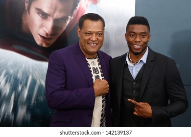 NEW YORK-JUNE 10: Actors Laurence Fishburne (L) and Chadwick Boseman attend the world premiere of "Man of Steel" at Alice Tully Hall at Lincoln Center on June 10, 2013 in New York City. 