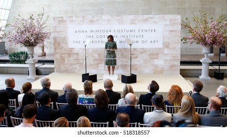 NEW YORK-MAY 5: First Lady Of The United States Michelle Obama Speaks At The Anna Wintour Costume Center Grand Opening At The Metropolitan Museum Of Art On May 5, 2014 In New York City.