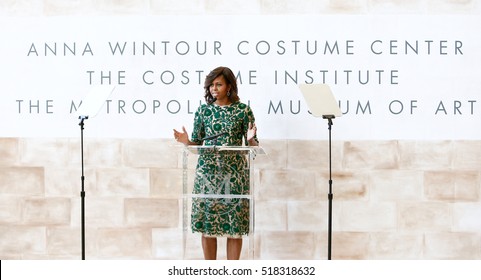 NEW YORK-MAY 5: First Lady Of The United States Michelle Obama Speaks At The Anna Wintour Costume Center Grand Opening At The Metropolitan Museum Of Art On May 5, 2014 In New York City.