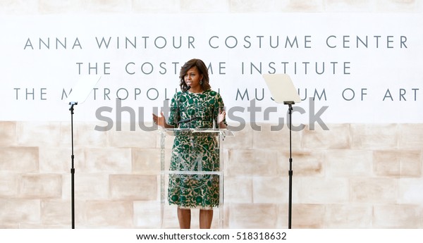 NEW YORK-MAY 5: First Lady of the United States\
Michelle Obama speaks at the Anna Wintour Costume Center Grand\
Opening at the Metropolitan Museum of Art on May 5, 2014 in New\
York City.