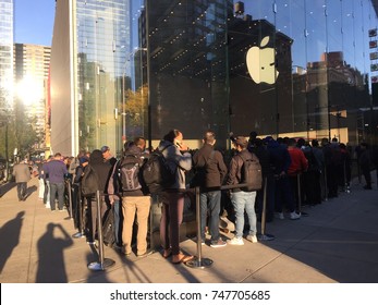 NEW YORK-NOVEMBER 3, 2017: IPhone X First Day Sales Apple Store Manhattan. Customers Line Up. Apple Inc. (NASDAQ: AAPL) Increased Stock Price This Day. Facial Recognition Technology Larger OLED Screen