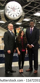 NEW YORK-OCT 25: Adam Graves, Danica Patrick And Larry Johnson Attend Unveiling Of The Tissot Swiss Watches Lobby Clocks At Madison Square Garden Box Office On October 25, 2012 In New York City.