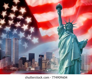 New Yorks Manhattan Skyline Before 9/11 With The Twin Towers Of The World Trade Center And The Flag Of The USA - Patriotic Symbols. 