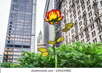 NEW YORK-SEPTEMBER 20: A View Of Rose III Outside Zucotti Park By German Sculpture Isa Genzken On September 20 2018 In Lower Manhattan.