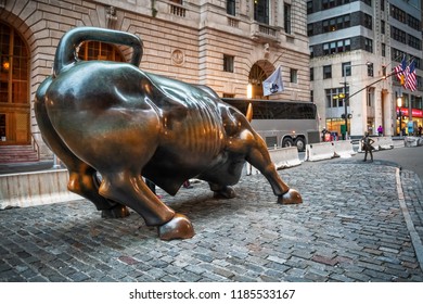 NEW YORK-SEPTEMBER 21: The Famous Bull Of Wall St Early In The Morning On September 21 2018 In New York City.