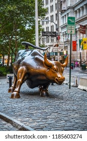 NEW YORK-SEPTEMBER 21: The Famous Bull Of Wall St Early In The Morning On September 21 2018 In New York City.