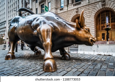 NEW YORK-SEPTEMBER 21: The Famous Bull Of Wall St Early In The Morning On September 21 2018 In New York City.