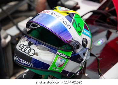 New York/United States-July 15 2018
Formula E Pilot Helmet. ABB Formula E New York Grand Prix 