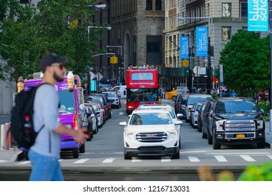 New York/USA - 29 September 2018: The Traffic On The Streets In New York City, USA. People And Cars In A Congested Environment Causing Air Pollution To American City.                           