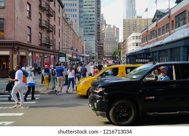 New York/USA - 29 September 2018: Scene Of Crowded Street In New York City. People And Cars In A Congested Environment Causing Air Pollution To American City.                           