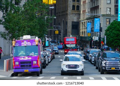 New York/USA - 29 September 2018: The Traffic On The Streets In New York City, USA. People And Cars In A Congested Environment Causing Air Pollution To American City.                           