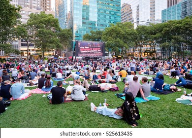 NEW YORK,USA - AUGUST 22,2016 : Newyorkers And Tourists Enjoying The Bryant Park Summer Film Festival