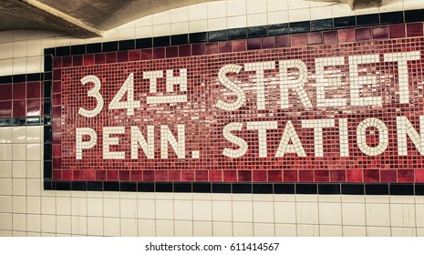 NEW YROK CITY - JUNE 2013: 34th street - Penn Station subway sign in New York City.