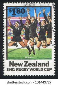 NEW ZEALAND - CIRCA 1991: Stamp Printed By New Zealand, Shows Rugby World Cup, All Blacks, Circa 1991