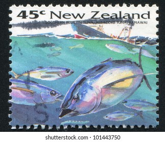 NEW ZEALAND - CIRCA 1993: stamp printed by New Zealand, shows Fish, Southern bluefin tuna, albacore tuna, kahawai, circa 1993