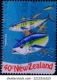 New Zealand - Circa 1998 : A New Zealand 40c Stamps, Underwater World Series With Illustration Of Yellowfin Tuna (Thunnus Albacares) Used Conditions.