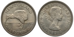 New Zealand Coin 1 One Florin 1965, Kiwi Bird Left, Queen Elizabeth II Head Right,