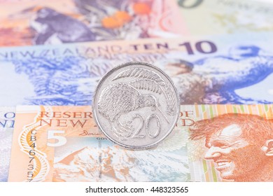 New Zealand Dollar Money Banknote Close-up With Coin