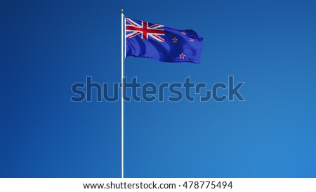 New Zealand flag waving against clean blue sky, long shot, isolated with clipping path mask alpha channel transparency