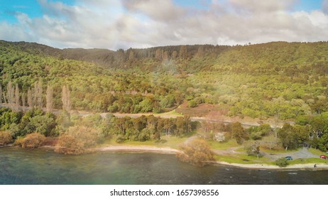 New Zealand Lake Taupo Landscape, Panoramic Aerial View.