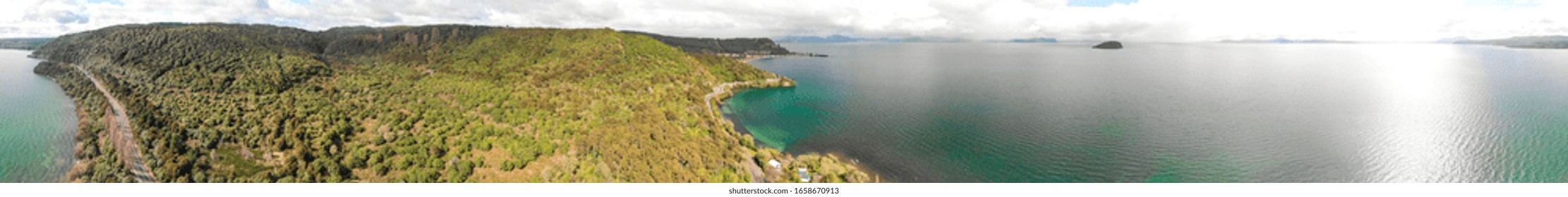 New Zealand Lake Taupo Landscape, Panoramic Aerial View.