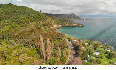 New Zealand Lake Taupo Landscape, Panoramic Aerial View.