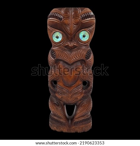 New Zealand Maori wood hand Carved Timber TekoTeko with Abalone Eyes