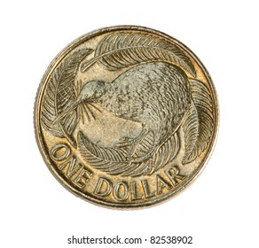 A New Zealand One Dollar Coin Isolated On White