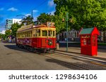 New Zealand, South Island. Christchurch, Canterbury Region. Restored heritage tram at Worcester Boulevard