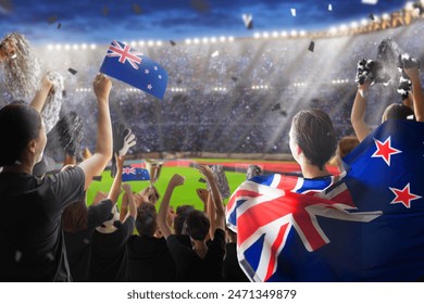 New Zealand supporter on stadium in cricket or rugby match. New Zealander fan on soccer pitch watching football team play. Supporters with flag and national jersey cheering in championship game. - Powered by Shutterstock