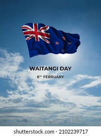 New Zealand Waitangi day card with flag in sunny blue sky. National holiday
